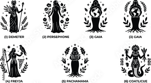 Black silhouette icons of ancient goddesses demeter persephone gaia freyja pachamama coatlicue line art