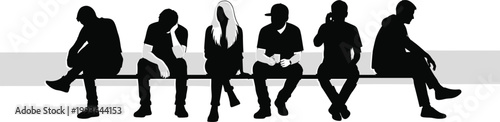Young People Silhouettes Sitting On Bench Group Of Friends Teenagers Loneliness Sadness Boredom Waiting Relaxing Diverse Men Women Flavector Illustration Set
