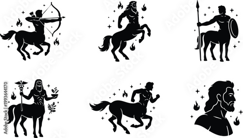 Black and white centaur mythical creatures set with archery spear and magic symbols