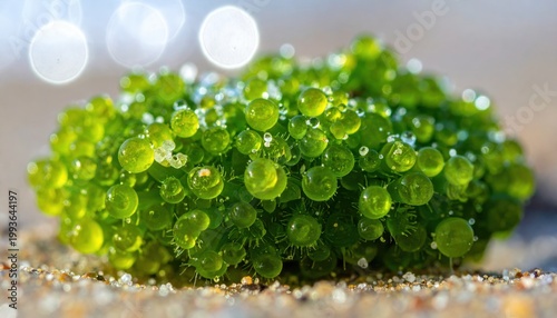 Green Algae Cluster on Sandy Beach Surface Under Bright Sunlight