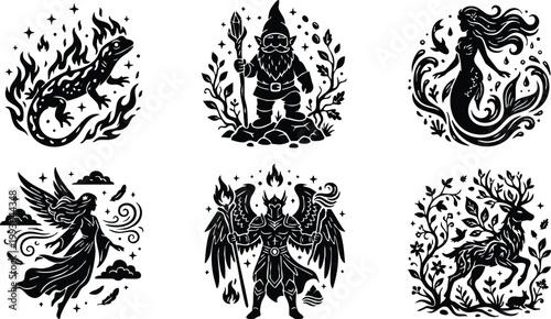 Black silhouette fire lizard gnome mermaid angel flaming warrior and deer with floral patterns