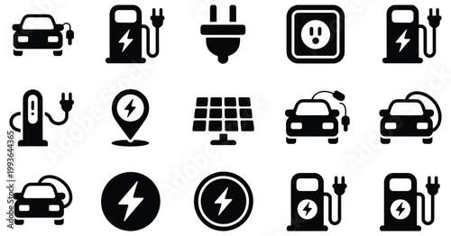 comprehensive collection of electric vehicle icons with sustainable energy elements, eco friendly transportation concept, modern vector illustration for green technology, mobility solutions