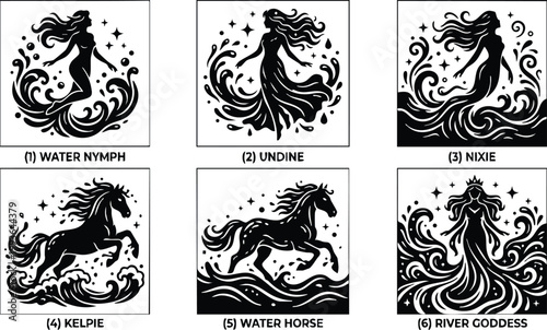 Black and white water nymph undine nixie kelpie horse and river goddess vector art set