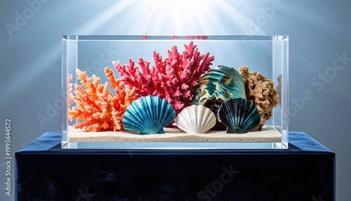 Vibrant Coral Reef Display with Colorful Shells in Glass Container