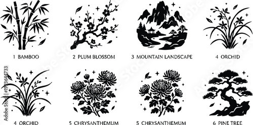 Black and white chrysanthemum orchid bamboo pine tree plum blossom mountain landscape vector art