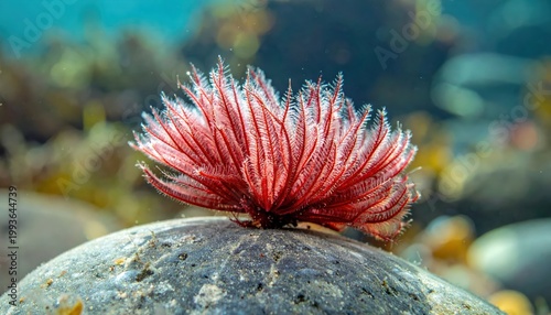 Vibrant Red Sea Plant Growing on a Large Rock Underwater Scene
