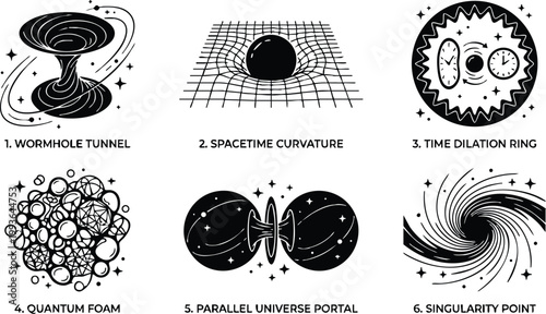 Black and white scientific icons of wormhole tunnel spacetime curvature and quantum foam