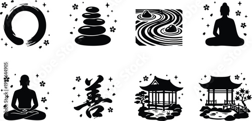 Black and white zen circle stones meditation pagoda garden icons