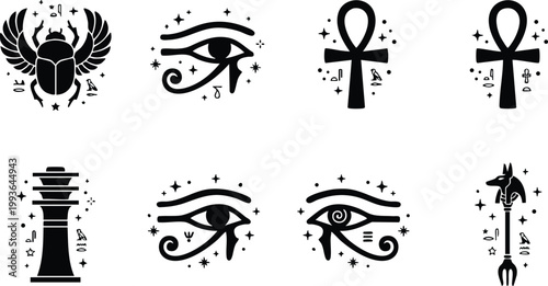 Black and white ancient egyptian symbols including scarab eye ankh and anubis staff vector art