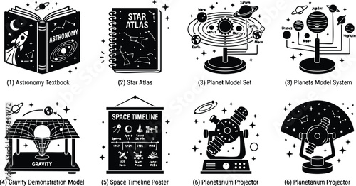 Black and white planetarium projector with star constellations and telescope lens illustration