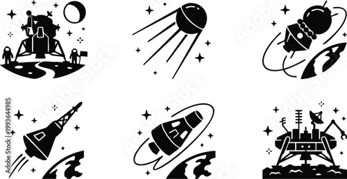 Black and white space exploration icons with lunar module satellite and spacecraft