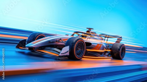 Modern formula racing car driving at high speed on asphalt track with motion blur effect.