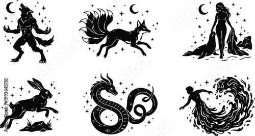 Black silhouette moon phases fantasy animals and figures vector art