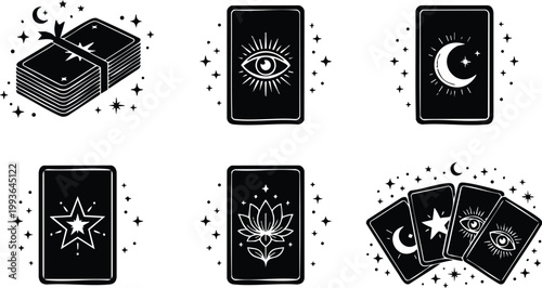Black and white tarot cards with moon star eye and lotus symbols with money stack vector art