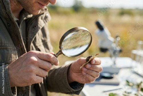 Man scientist examining beetle with magnifying glass outdoors. Researcher studying insect on leaf for biological observation. Nature exploration and scientific field study concept.