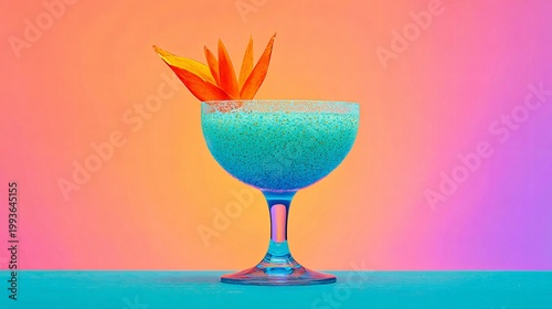 Elegant turquoise cocktail glass with a vibrant orange floral garnish, illuminated against a colorful gradient backdrop, evoking a sense of luxury and sophisticated refreshment.