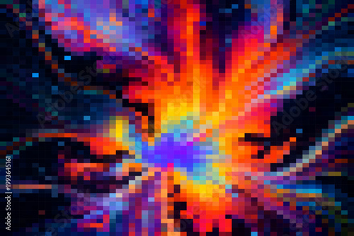 Dynamic abstract gradient blurred checkered pattern. Colorful pixelated cosmic explosion with vibrant neon shades. A galactic burst, digital nebula. For gaming graphics, music covers, sci-fi posters
