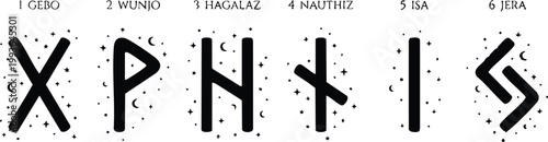Black and white runes gebo wunjo hagalaz nauthiz isa jera with stars and moons
