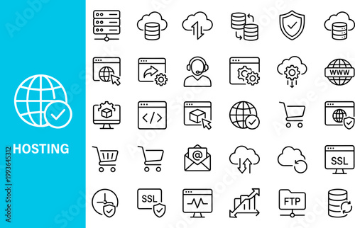 A set of 25 line style icons related to hosting, including symbols for cloud, server, shield, shopping cart, and more on white background