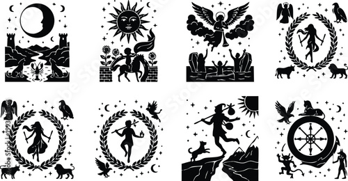 Black silhouette zodiac signs with celestial moon sun stars and animals vector art
