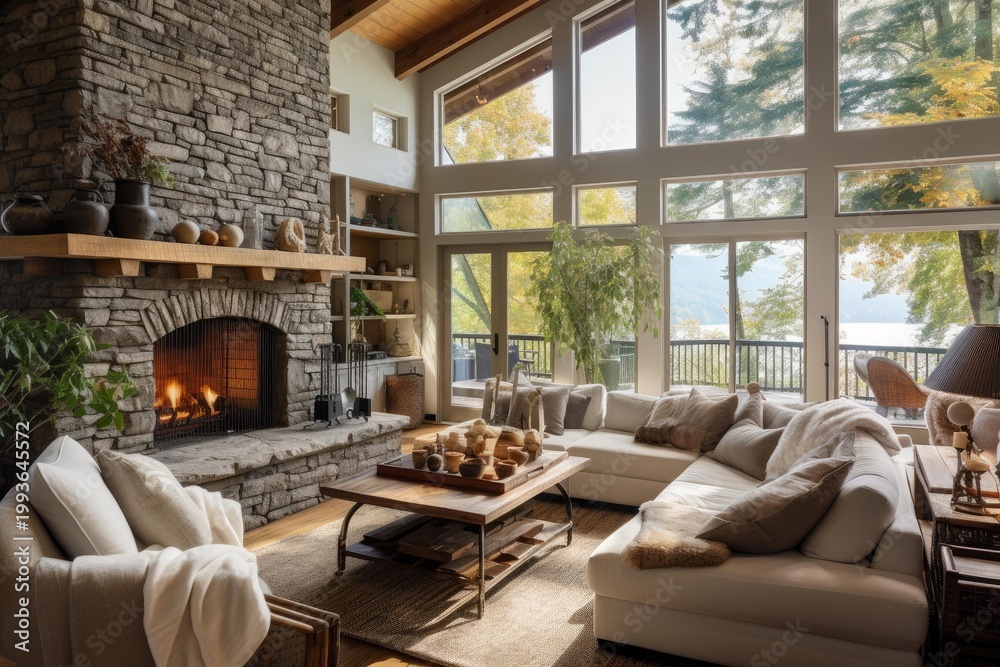 Naklejka premium Inviting living room showcasing a natural stone fireplace and large windows overlooking the lake