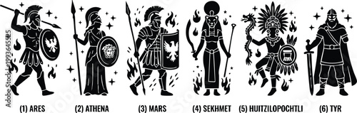Six ancient warrior gods holding shields and weapons