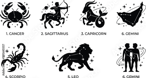 Black and white zodiac constellations vector art featuring cancer sagittarius capricorn scorpio leo gemini