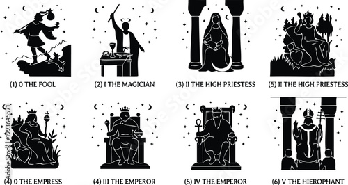 Black and white tarot card symbols the fool magician high priestess empress emperor hierophant
