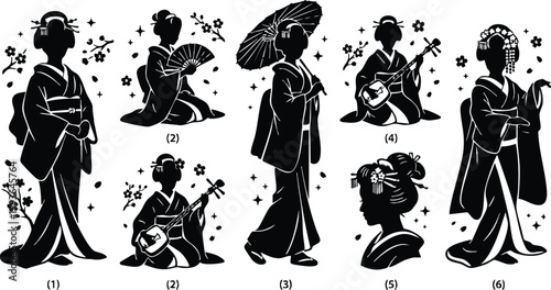 Black and white silhouette vector art of traditional geisha women with musical instruments parasol and fan