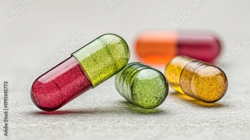 An artistic arrangement of pharmaceutical capsules, featuring a blend of red, green, and yellow tones, with a focus on composition and the essence of modern healthcare.