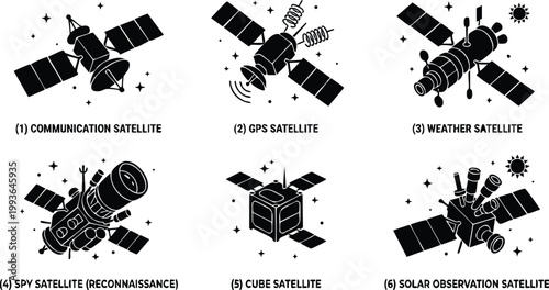 Black and white communication gps weather spy cube and solar observation satellites vector art
