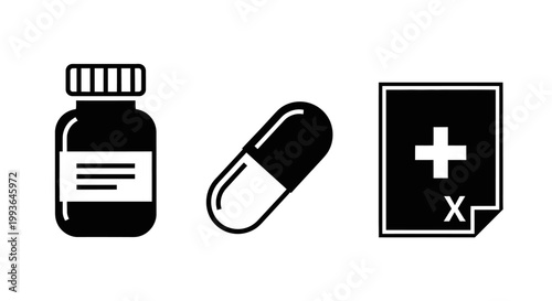 Vector medicine bottle, pill capsule, and medical prescription icons. Pharmacy, healthcare, and health symbols set on white background.