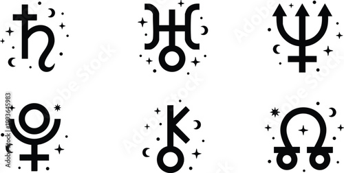 Black and white vector icons of planets symbols with stars and moons