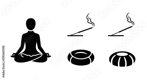 Meditation and Incense Icons Set. Yoga Person in Lotus Pose, Burning Aromatic Stick with Smoke, and Incense Holder Silhouettes.