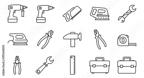 Outline icons set of construction, repair, and DIY tools. Includes drills, saws, wrenches, pliers, hammers, and toolboxes.