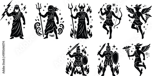 Black and white silhouette vector art of greek gods and warriors with flames and lightning