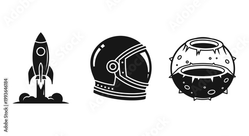 Set of black and white space exploration icons including a launching rocket, an astronaut helmet, and a cratered moon or planet