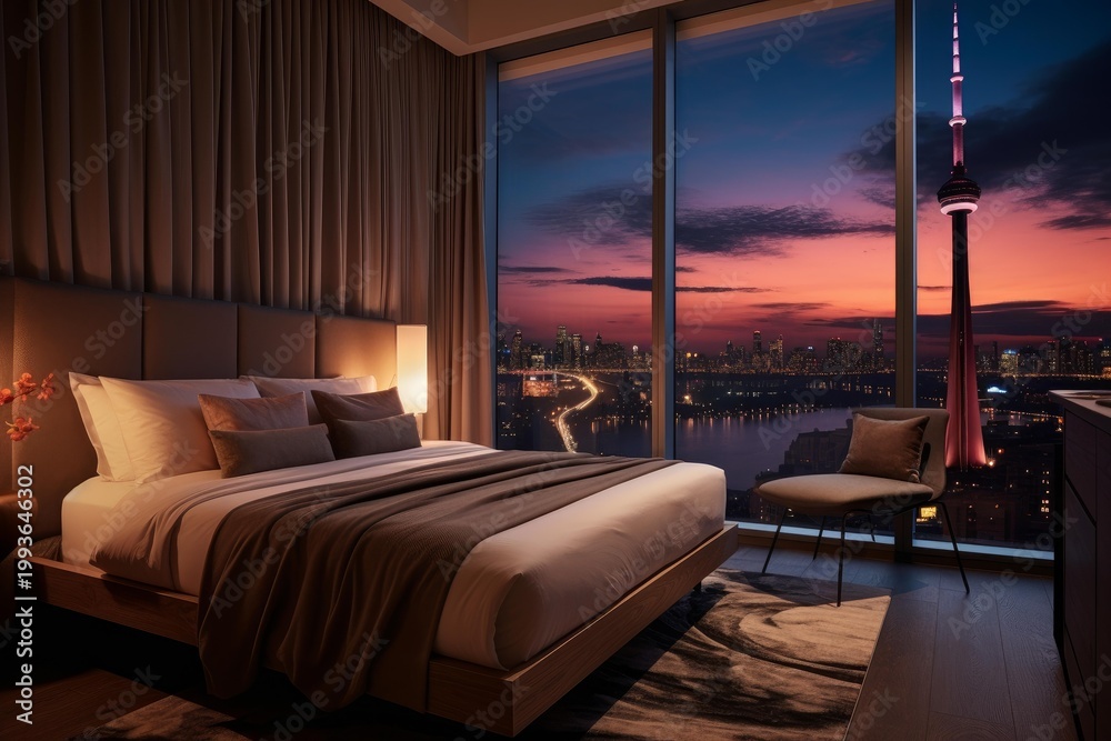 Fototapeta premium Modern bedroom interior with large window viewing a beautiful cityscape and landmark tower