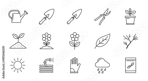 Gardening Line Icons Set: Essential Horticulture Tools, Planting, Nature Symbols, and Outdoor Activity Elements