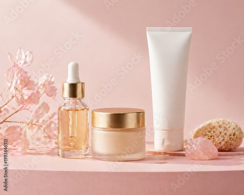 Natural skincare product set with serum bottle and cream jar on pink aesthetic background.