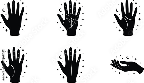 Black silhouette hands with stars and crescent moon mystical line art vector