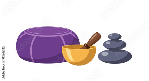 Meditation and relaxation tools including a Tibetan singing bowl, meditation cushion, and stacked stones for wellness
