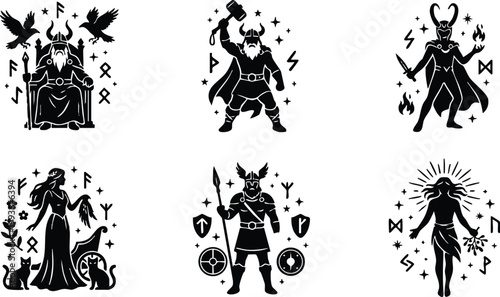 Norse mythology black and white vector art of six gods and goddesses with runes and symbols