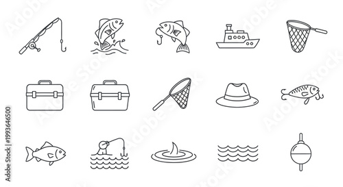 Fishing icons set, outline vector illustration. Collection of fishing gear, equipment, fish, and boat for hobby and recreation.