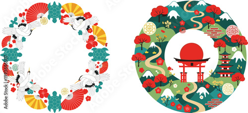 Japanese Culture Circle Vector Set with Torii Gate Crane Fans Sakura and Traditional Landscape Illustration Collection