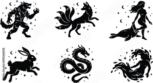 Six mythical creatures with moon and stars