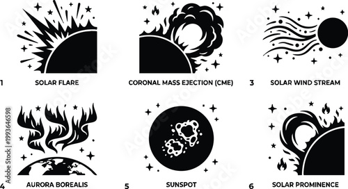 Black and white sunspot and solar flare vector art with stars and flames
