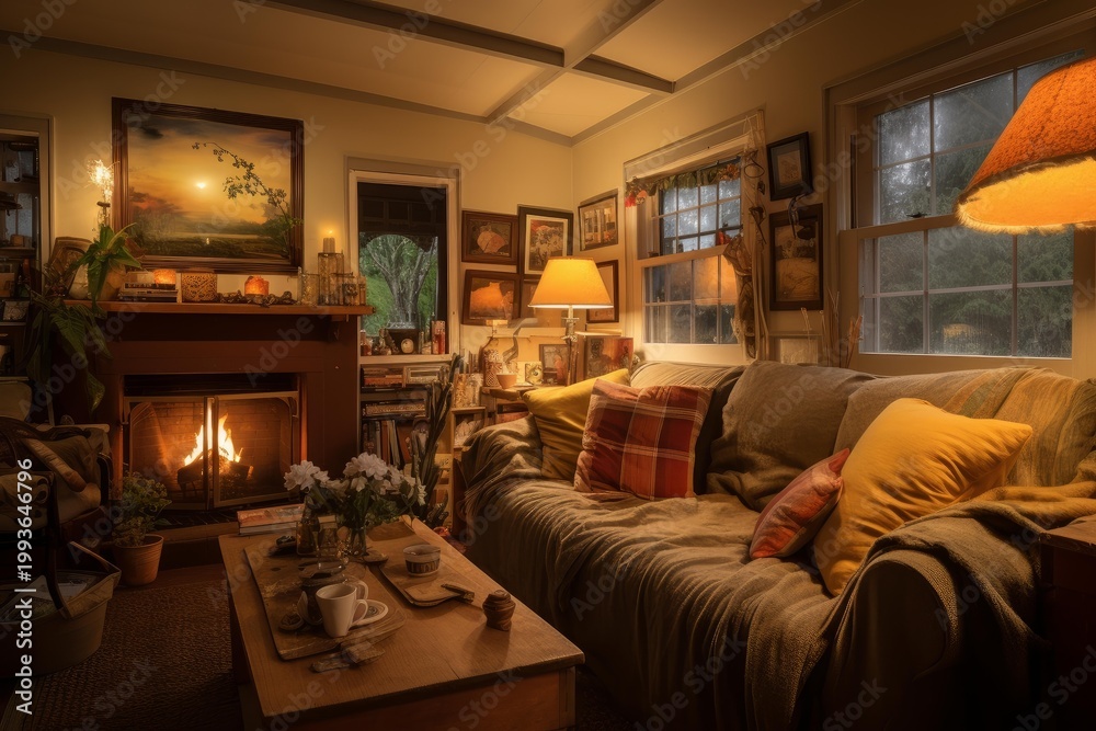 Obraz premium Living room with a lit fireplace, couch, coffee table, and soft lighting creating a cozy atmosphere