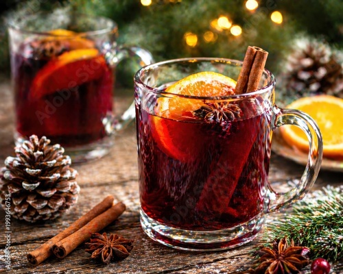 Mulled wine with cinnamon sticks and orange slices on a wooden table christmas concept.