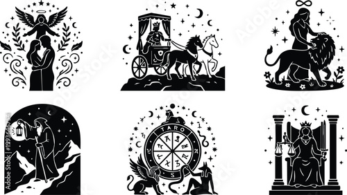 Black and white tarot zodiac wheel with griffin and anubis sitting under stars